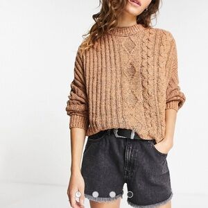 FREE PEOPLE On Your Side Brown Sugar Crop Pullover Ribbed Cable Knit Sweater XL